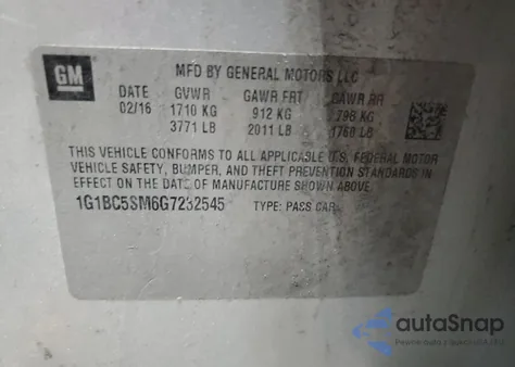 2016 Chevrolet Cruze Ls из США, поврежденный, VIN 1G1BC5SM6G7232545